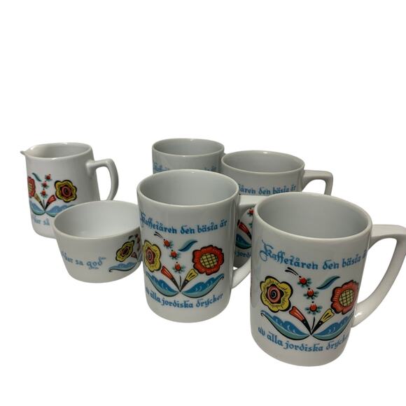 The Berggren Vintage Swedish Dalmalningar Style Ceramic Coffee Mug Set - Picture 1 of 5